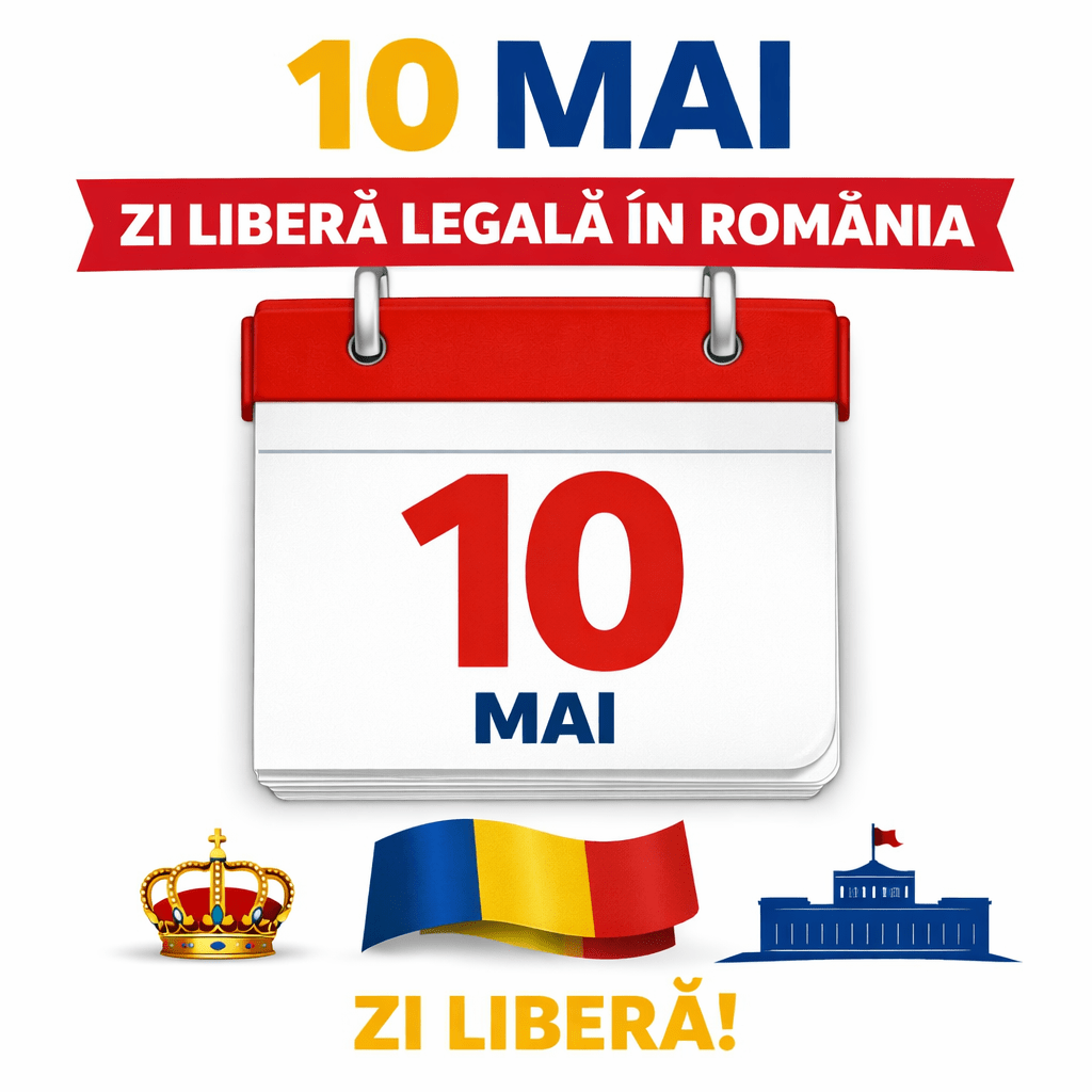 Calendar showing May 10, 2024, Romanian flag, crown, and government building icons indicating a public holiday in Romania